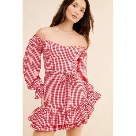 Anthropologie Dresses & Skirts - Anthropologie Maeve Bare Red Gingham Off Shoulder Frill Ruffled Mini Dress US 8
